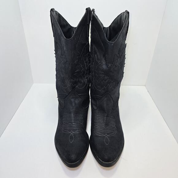 10M Black Western Cowboy Boots Fabric Faux Suede Embroidered - Picture 2 of 12